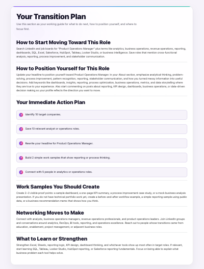 Transition plan and immediate action items